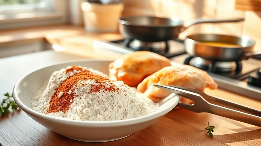 coat chicken with seasoned flour