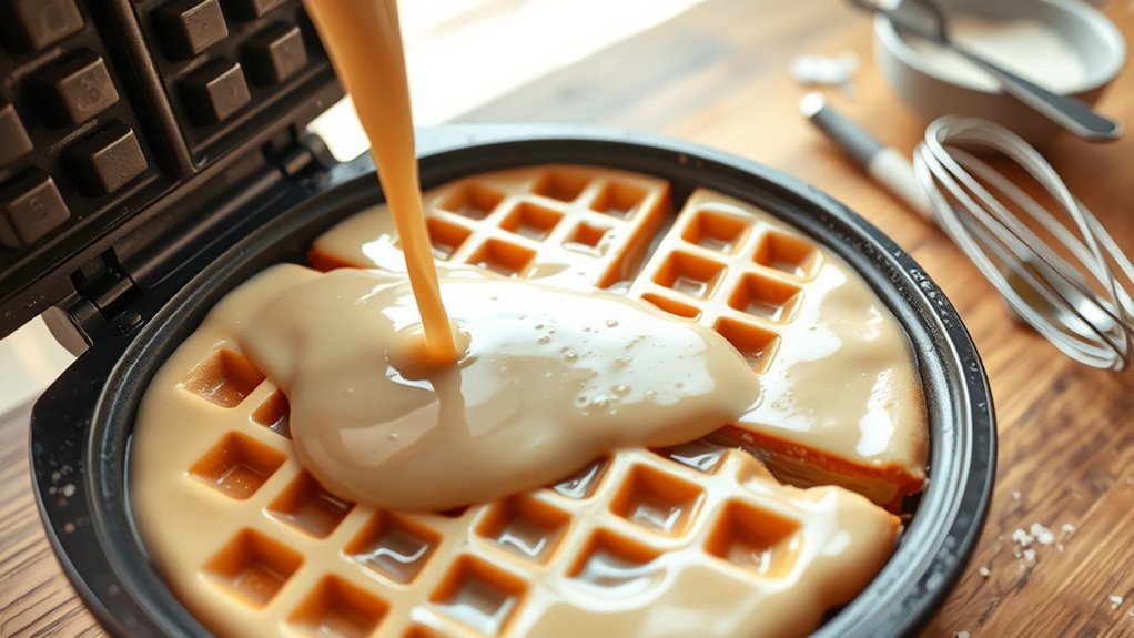 pour batter in waffle