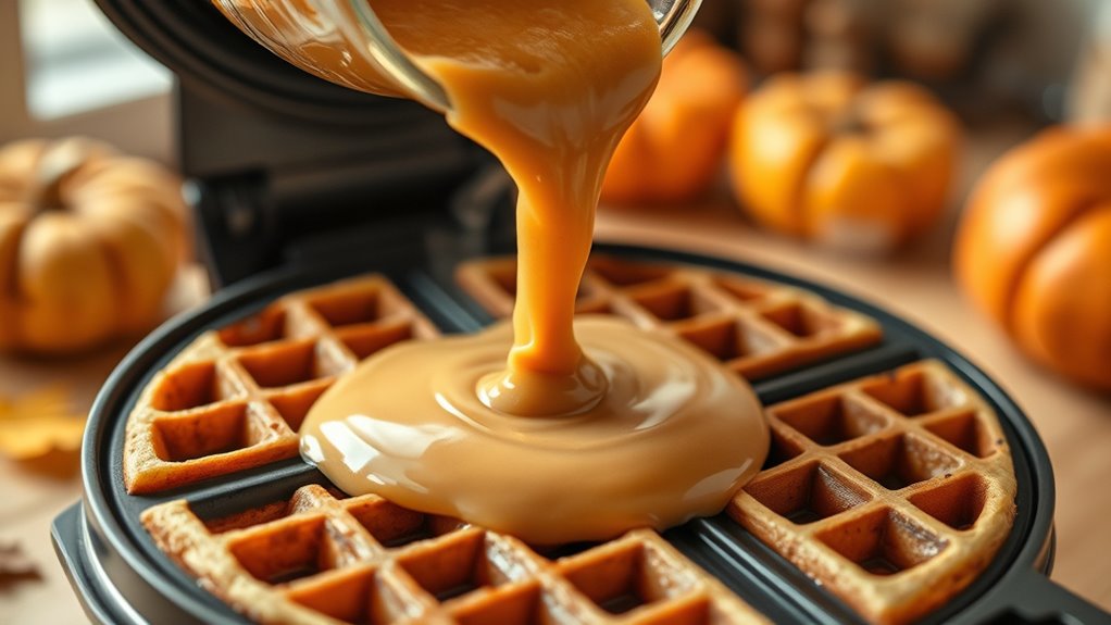 pour batter in waffle