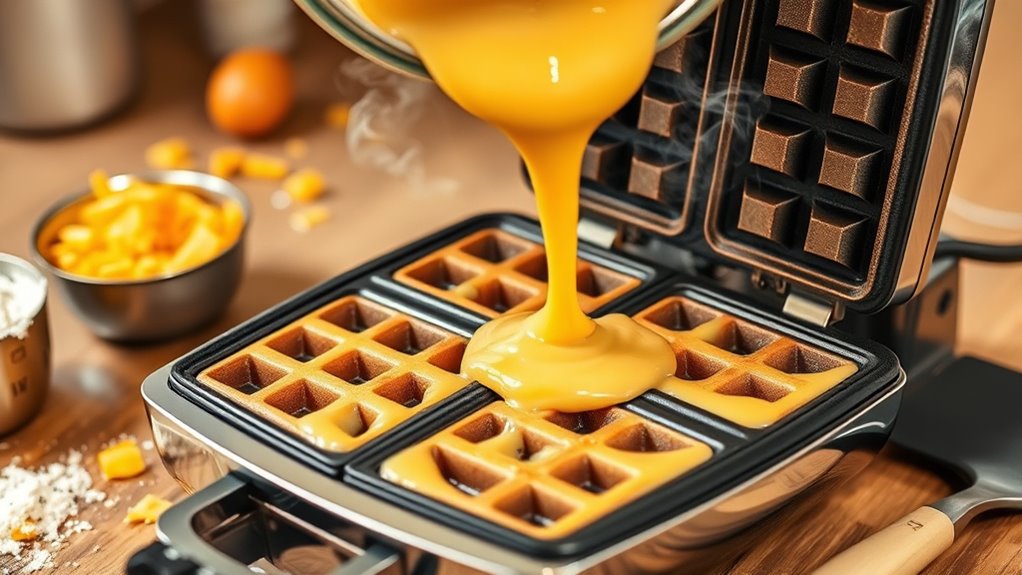 pour batter into waffle