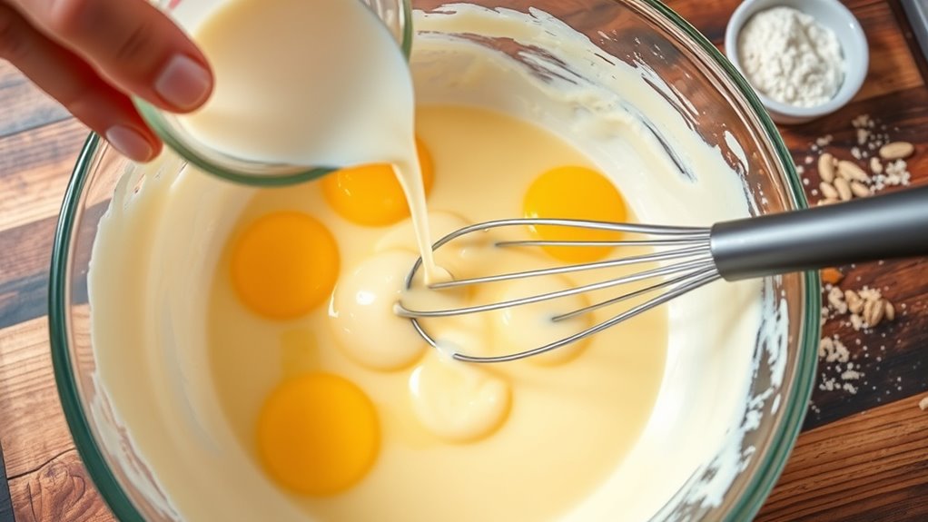 slowly mix in liquids