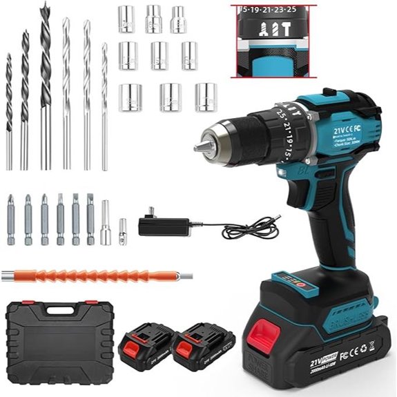 21V Cordless Drill Set with 2 Batteries & Accessories