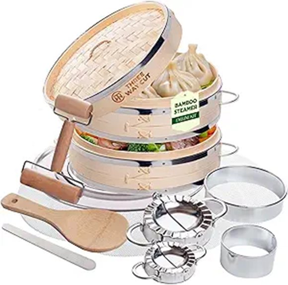 2-Tier Bamboo Steamer with Silicone Liner and Accessories