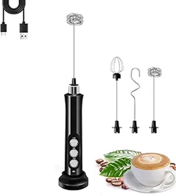 Rechargeable Handheld Milk Frother with 3 Whisks