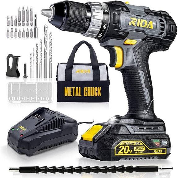 RIDA 20V Cordless Drill Kit with Bits and Battery