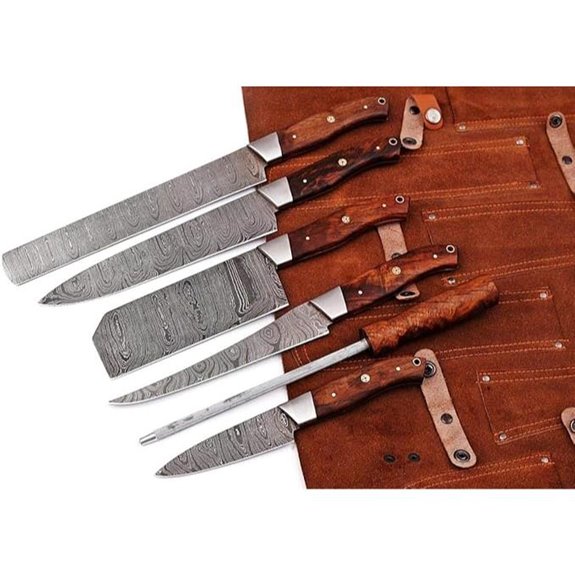 Damascus Steel Kitchen Knife Set with Leather Roll