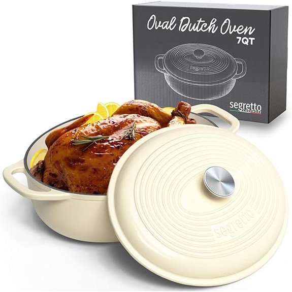 Segretto Cookware Enameled Cast Iron Oval Dutch Oven 7 Quarts White
