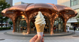 sculptural copper canopy tops micro-landmark community hub in tokyo by nikken sekkei