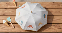 this children’s umbrella casts playful characters onto the ground, making sun protection fun