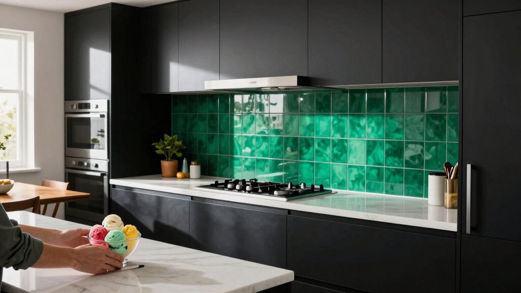 Black, Bold Cabinets And Dramatic Green Tiles Refresh This 2000S Kitchen