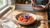 Tomato Risotto With Frizzled Red Onions
