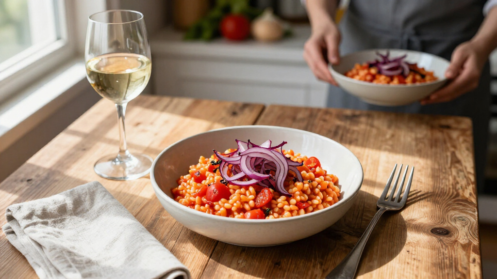 Tomato Risotto With Frizzled Red Onions